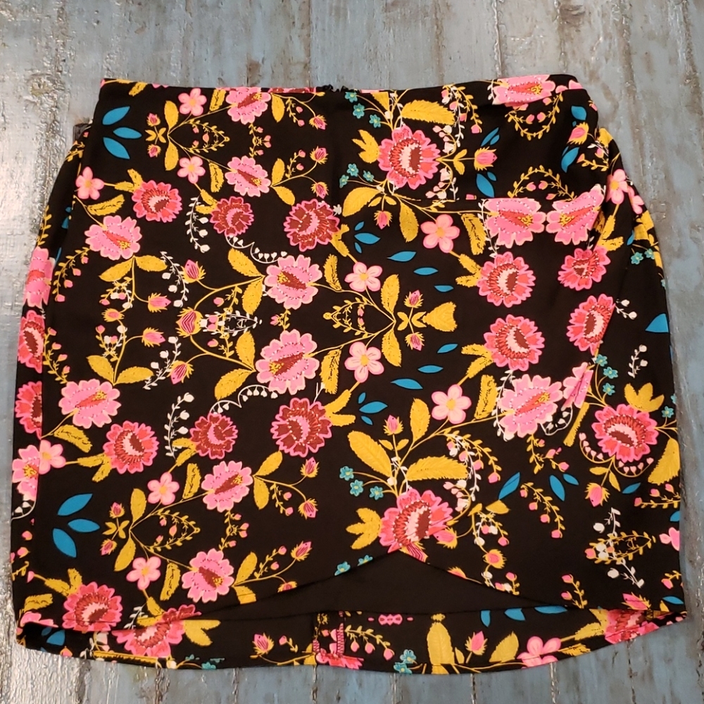 Express Black Floral Mini Skirt with Pink & Yellow Accents